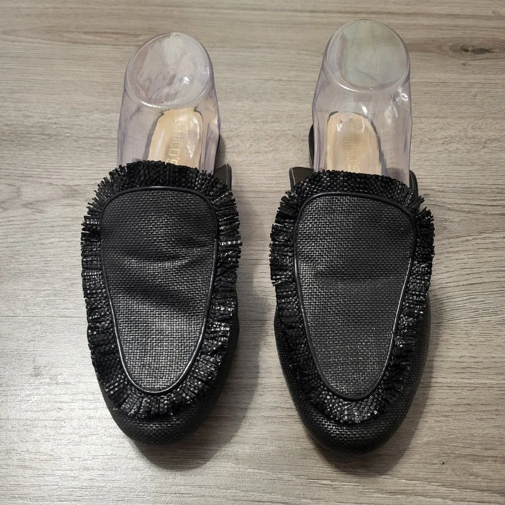 Chicos Raffia Fringe Mules Black Flat Slip On Shoes 8.5 Casual Textured Vacation - Picture 5 of 8